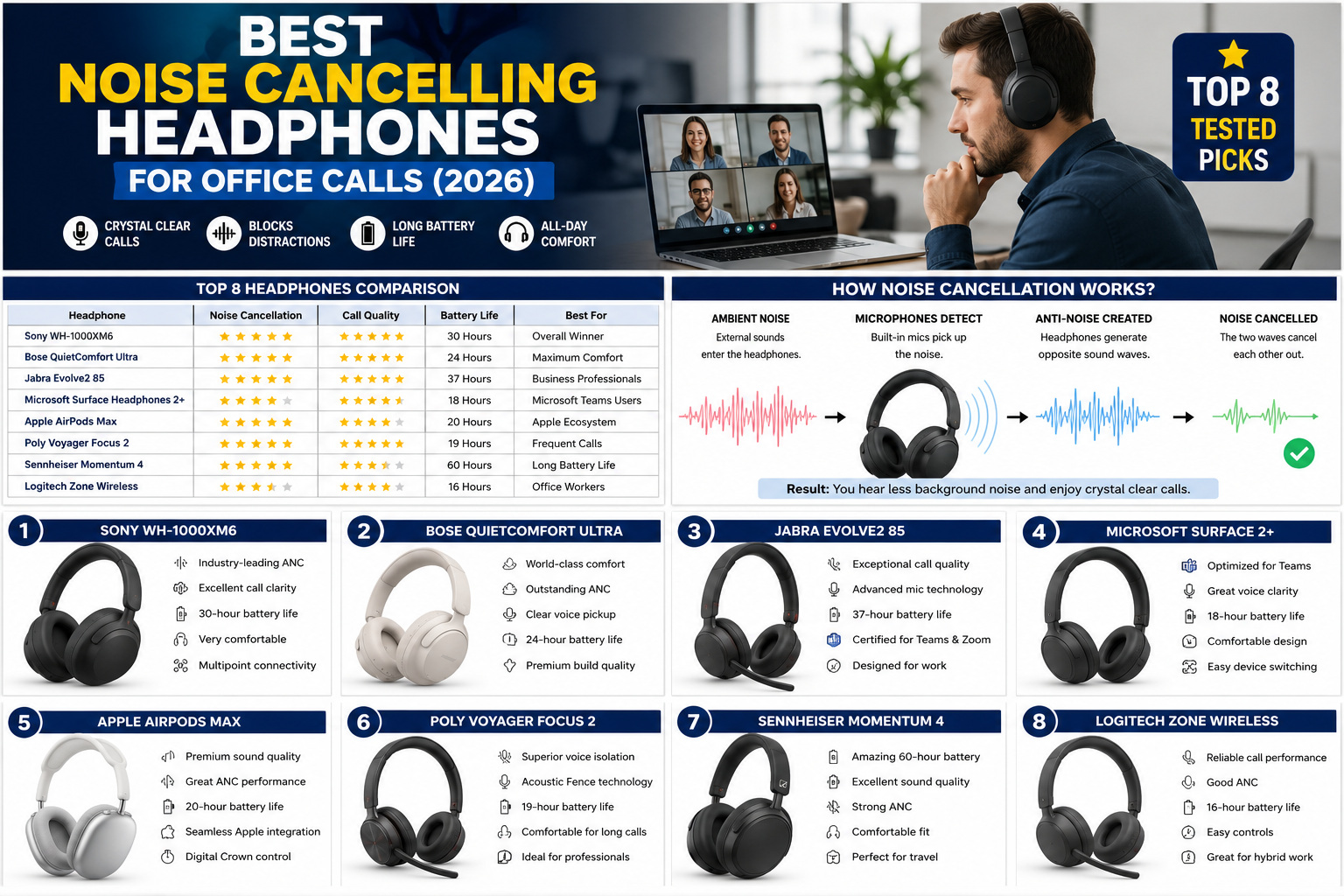 Best noise cancelling headphones for office calls comparison chart 2026