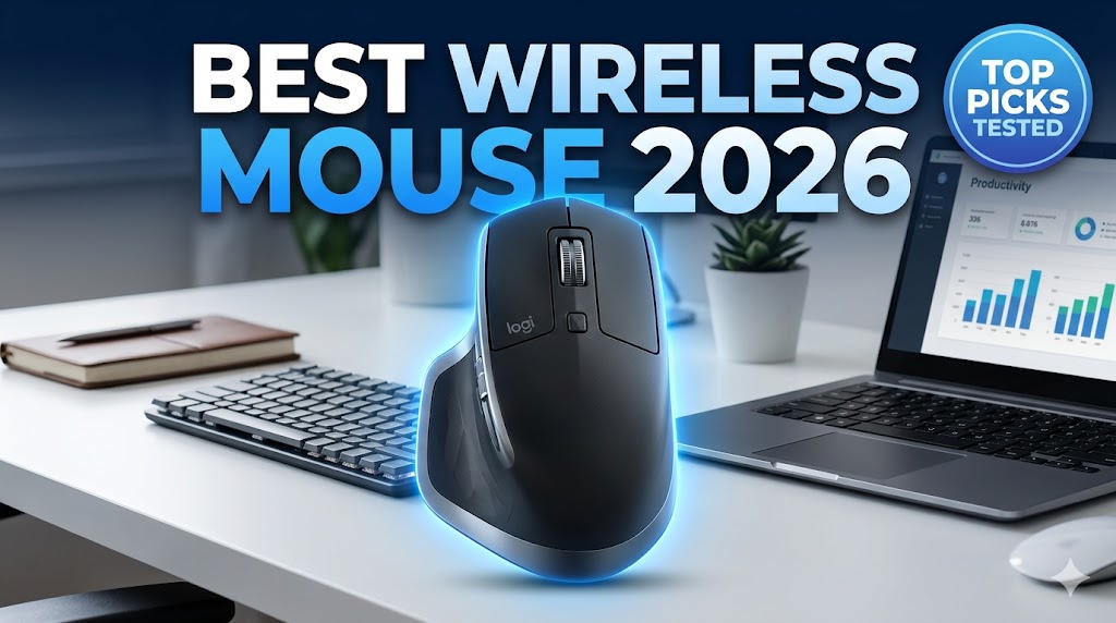Best Wireless Mouse 2026 comparison showing premium wireless mouse for work, gaming, and productivity with modern desk setup.